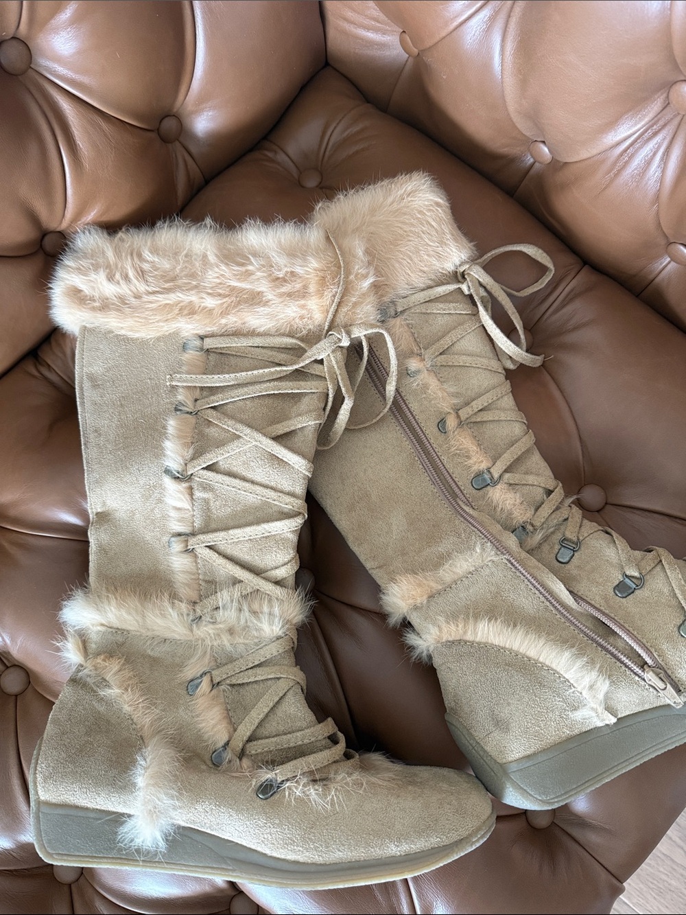 Faux Fur Lace-Up Tall Boots - Tan